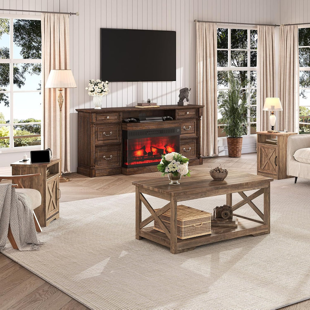 LUXOAK 3-Piece Farmhouse Living Room Table Sets, Includes 1 x Coffee Table, 2 x End Tables with Charging Station & USB Ports, Rustic Coffee Table Set of 3, Barnwood