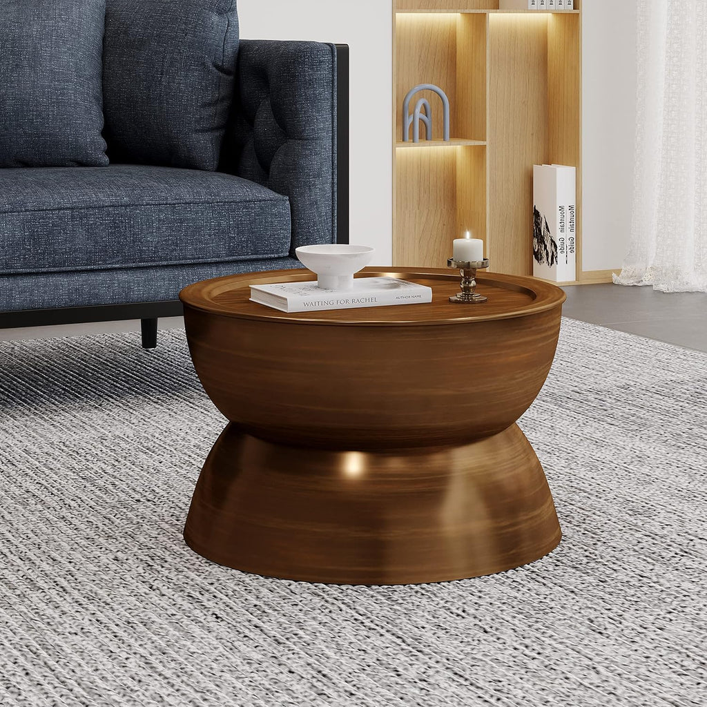 Merax Metal Hammered Coffee Table 24.25' Round Tabletop, Modern Iron Hourglass Coffee Table for Living Room, No Assembly Required, Bear 150lbs, Antique Bronze