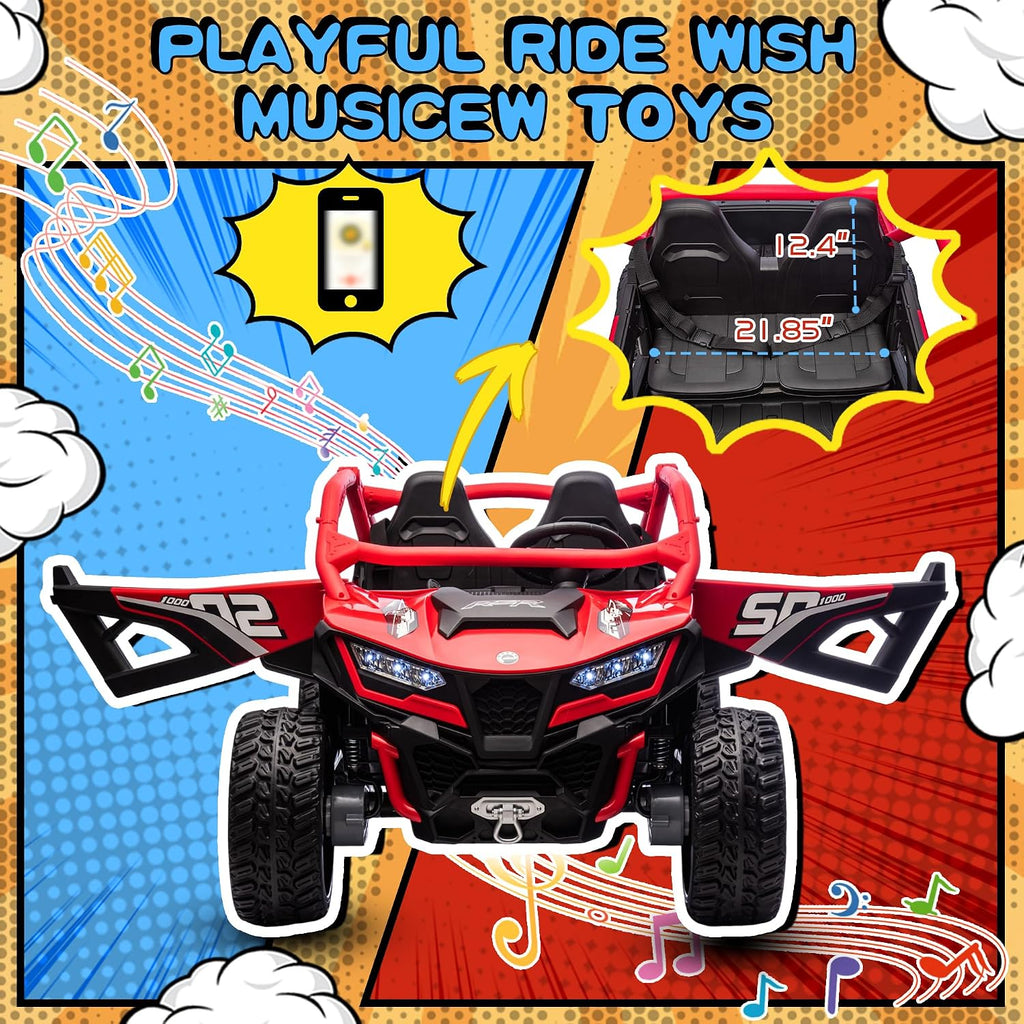 wanan XL 24V 10AH Ride on Toys for Big Kids Real 2-Seater, 4x4 4WD Motor Ride on Car Kid UTV for Kids 3-8, Remote Control, Bluetooth Music, 4 Spring Suspension, 22' Spacious Seats (Red)
