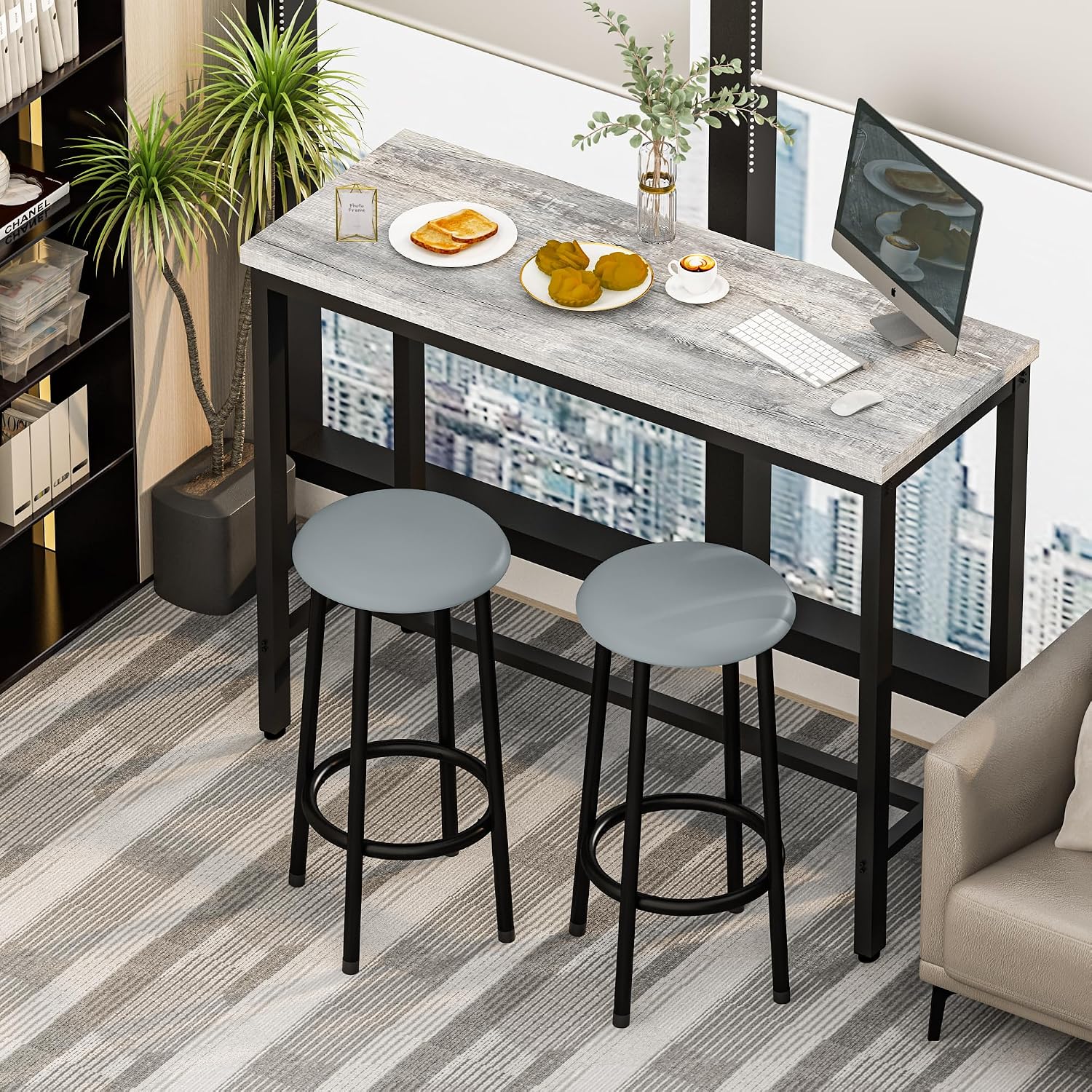 AWQM 39.3' Bar Table Set of 2,Faux Marble Pub Height Table and Chairs Set of 2 with Upholstered Stools,3 Piece Bar Table and Chairs Set Dining Table Set for Living Room,Kitchen,Bar,Grey