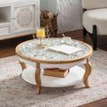 31.5' Round Coffee Table with Glass Top, Vintage French Country Solid Wood Circle Center Table with Curved Legs & Removable Tempered Glass End Table for Living Room
