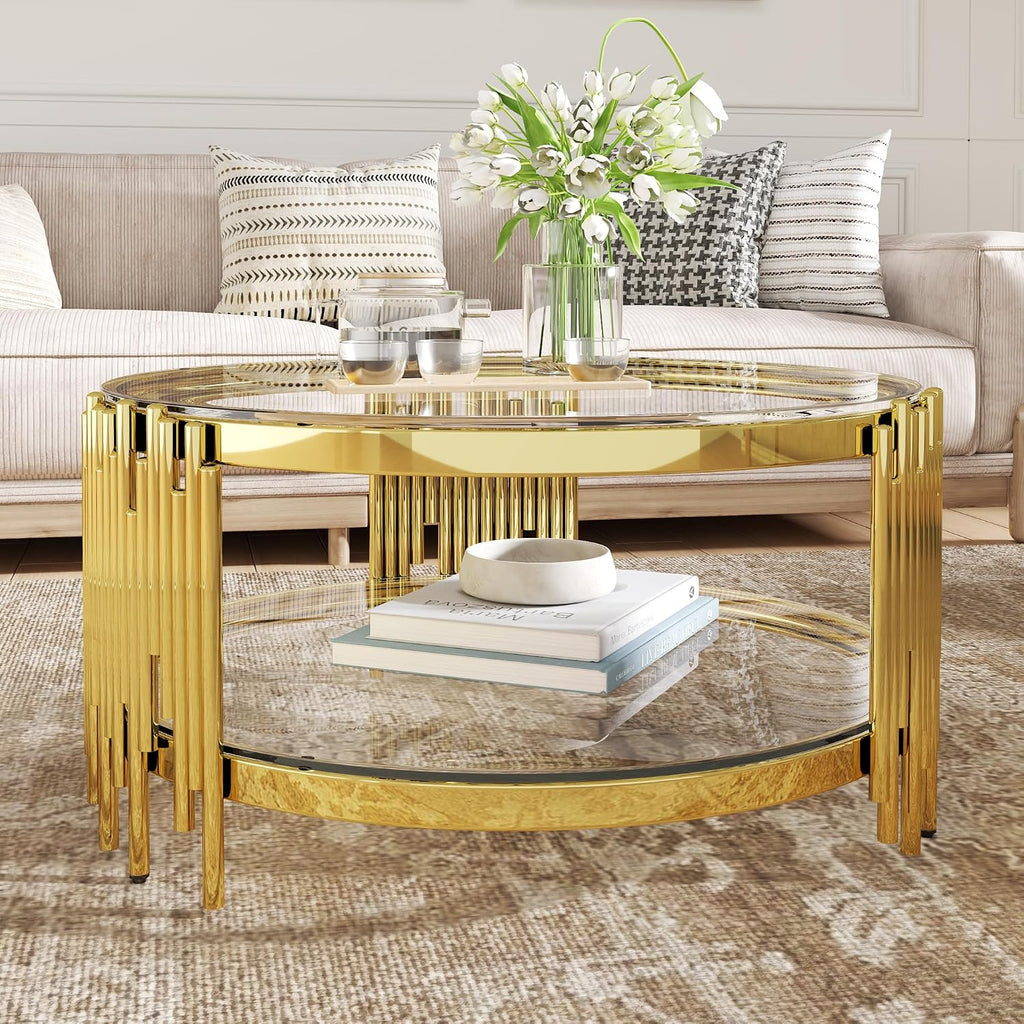 2-Tier Glass Coffee Table for Living Room, 35 inch Round Center Table with Tempered Glass Top and Stainless Steel Frame for Apartment, Home, Easy Assembly, Gold/Clear