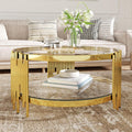 2-Tier Glass Coffee Table for Living Room, 35 inch Round Center Table with Tempered Glass Top and Stainless Steel Frame for Apartment, Home, Easy Assembly, Gold/Clear