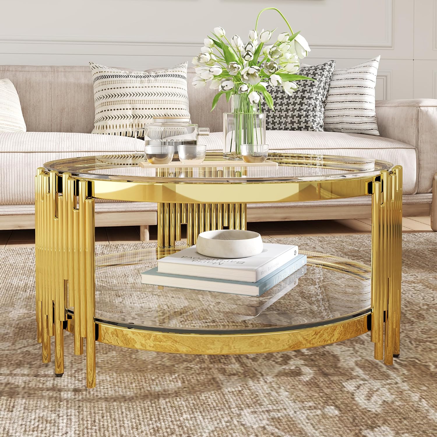 2-Tier Glass Coffee Table for Living Room, 35 inch Round Center Table with Tempered Glass Top and Stainless Steel Frame for Apartment, Home, Easy Assembly, Gold/Clear