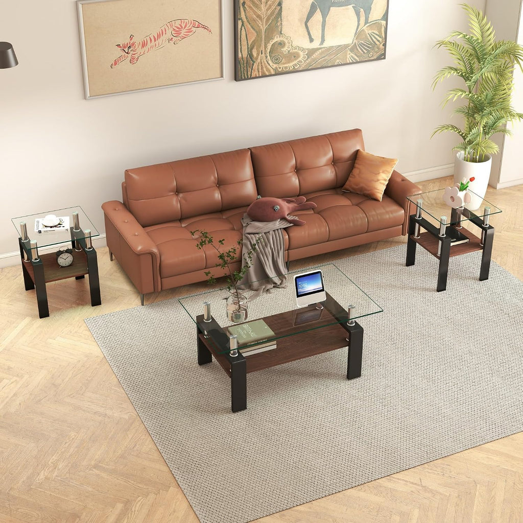 Glass Coffee Table Sets of 3 for Living Room, Mordern End Table Sofa Side Tables with Storage, Black Metal Leg, Transparent Glass Tabletop Rectangle Tempered Center Table Home Furniture Set