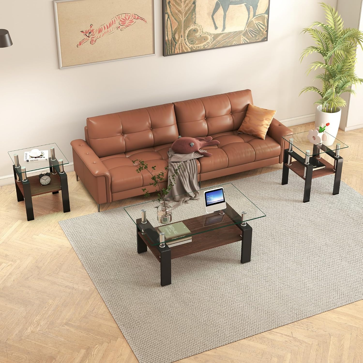 Glass Coffee Table Sets of 3 for Living Room, Mordern End Table Sofa Side Tables with Storage, Black Metal Leg, Transparent Glass Tabletop Rectangle Tempered Center Table Home Furniture Set