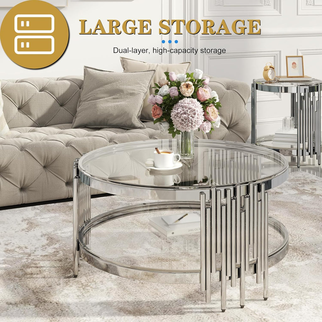 Round Glass Coffee Table Set of 3, Silver and Clear Modern Living Room Table Set, Includes 1 Coffee Table & 2 End Tables, Stainless Steel Base Tempered Glass Top, Luxury Furniture for Home Office