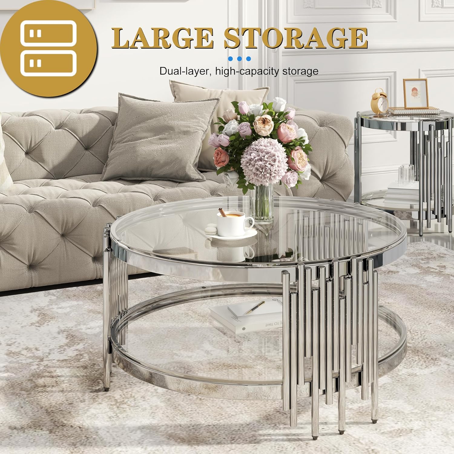 Round Glass Coffee Table Set of 3, Silver and Clear Modern Living Room Table Set, Includes 1 Coffee Table & 2 End Tables, Stainless Steel Base Tempered Glass Top, Luxury Furniture for Home Office