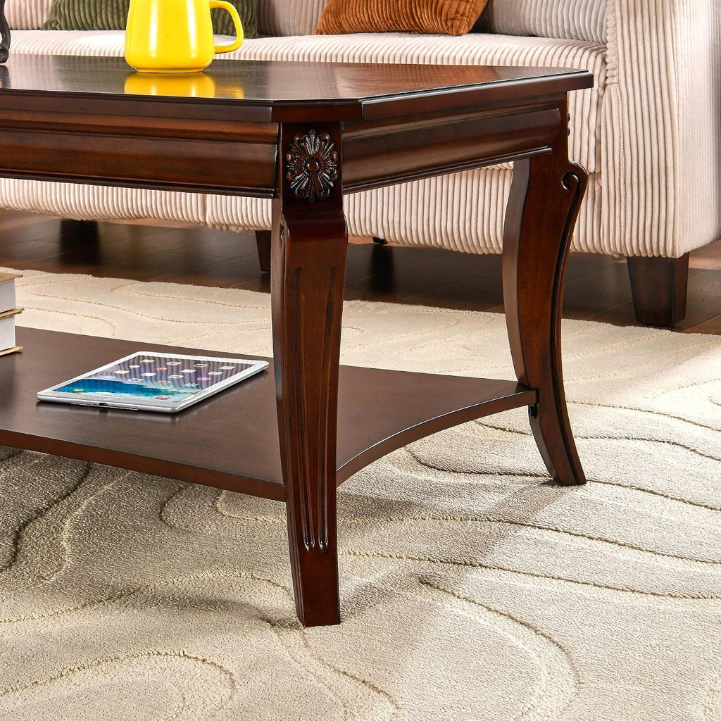 LEEMTORIG Coffee Table Set of 3 for Living Room, 3 Piece Living Room Coffee Table and End Tables Set, Vintage Wood Queen Anne Style 2-Tier Tables with Storage Shelf, Cherry Walnut KFZCJZ-A1168-WD