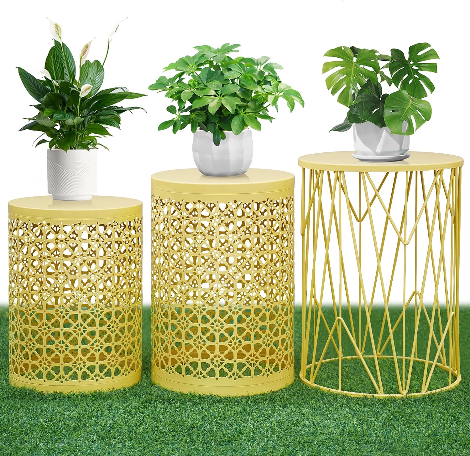 HFHOME Set of 3 Heavy-Duty Round End Table, Side Table, Coffee Table for Indoor Multifunctional Use, Outdoor Decorative Garden Stool Plant Stand-Yellow