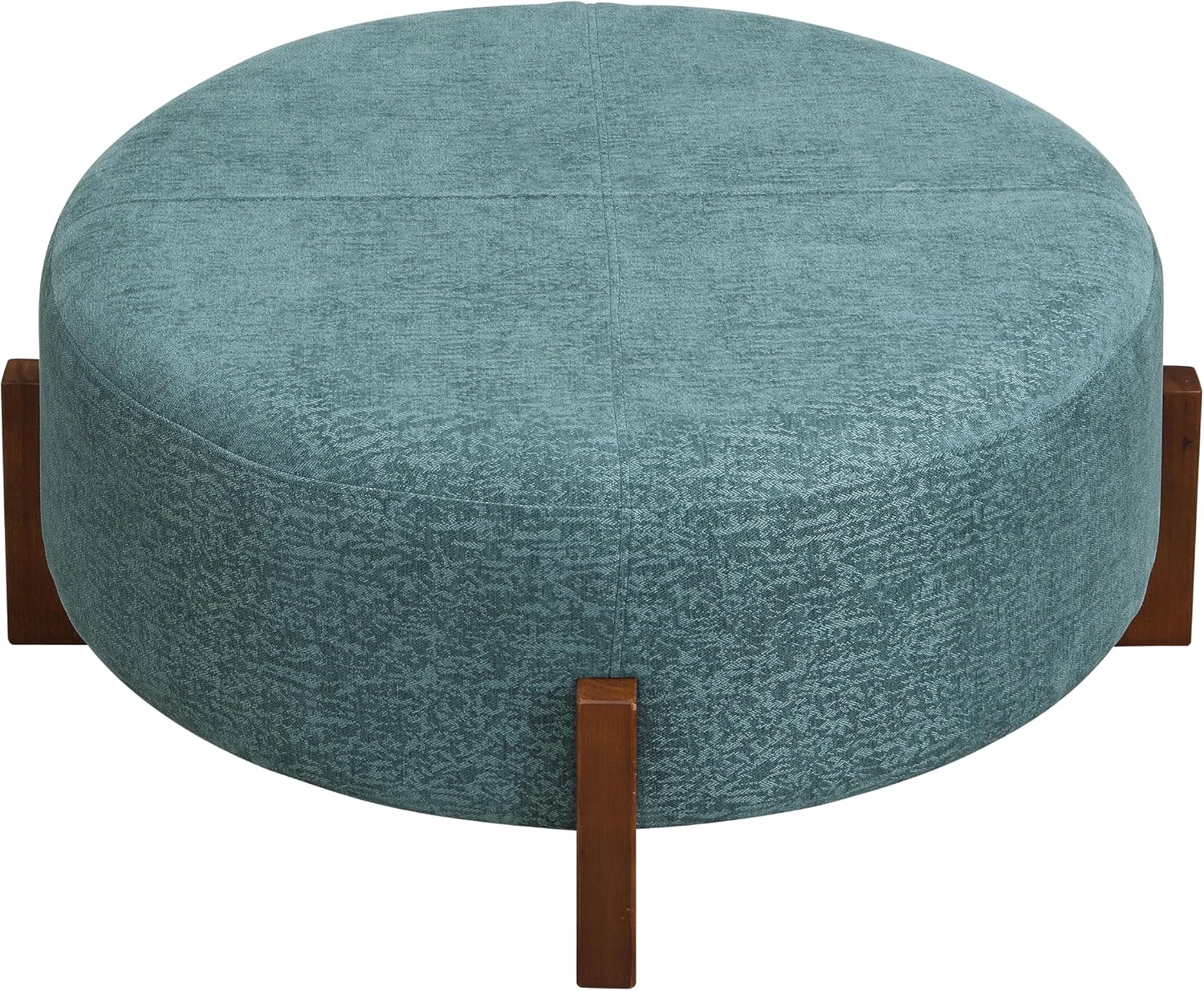 Christopher Knight Home Holmes Modern Chenille Upholstered Ottoman Coffee Table, Wooden Round Cocktail Ottoman, Large Living Room Sofa Footstool/Footrest, Teal Blue+Walnut