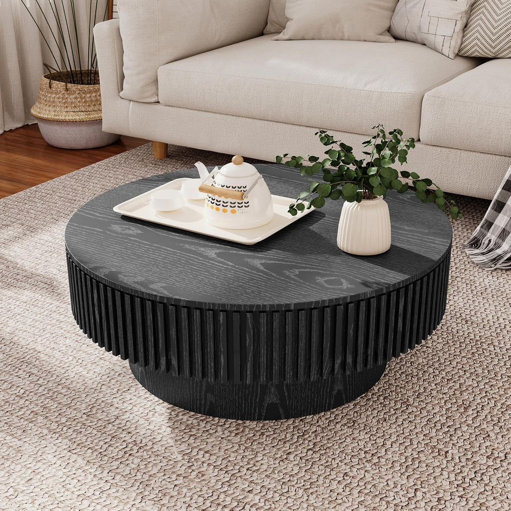 Round Coffee Table with Storage Wood Circle Coffee Table for Living Room Contemporary Fluted Table Center Table for Apartment, Easy Assembly ø39.4,Black
