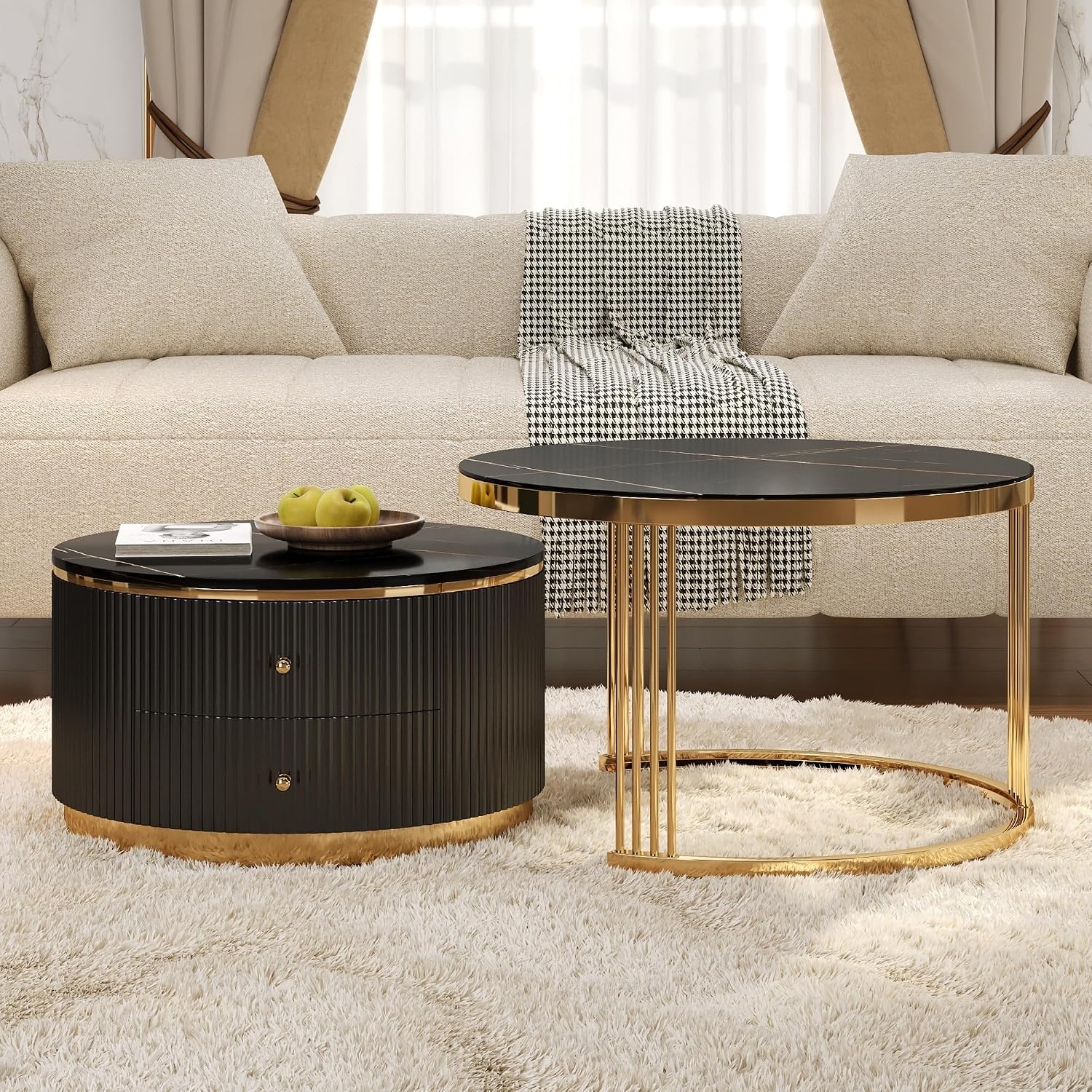 Modern 2 Pieces Round Nesting Coffee Table with Drawers(Black,27.6'+23.6')