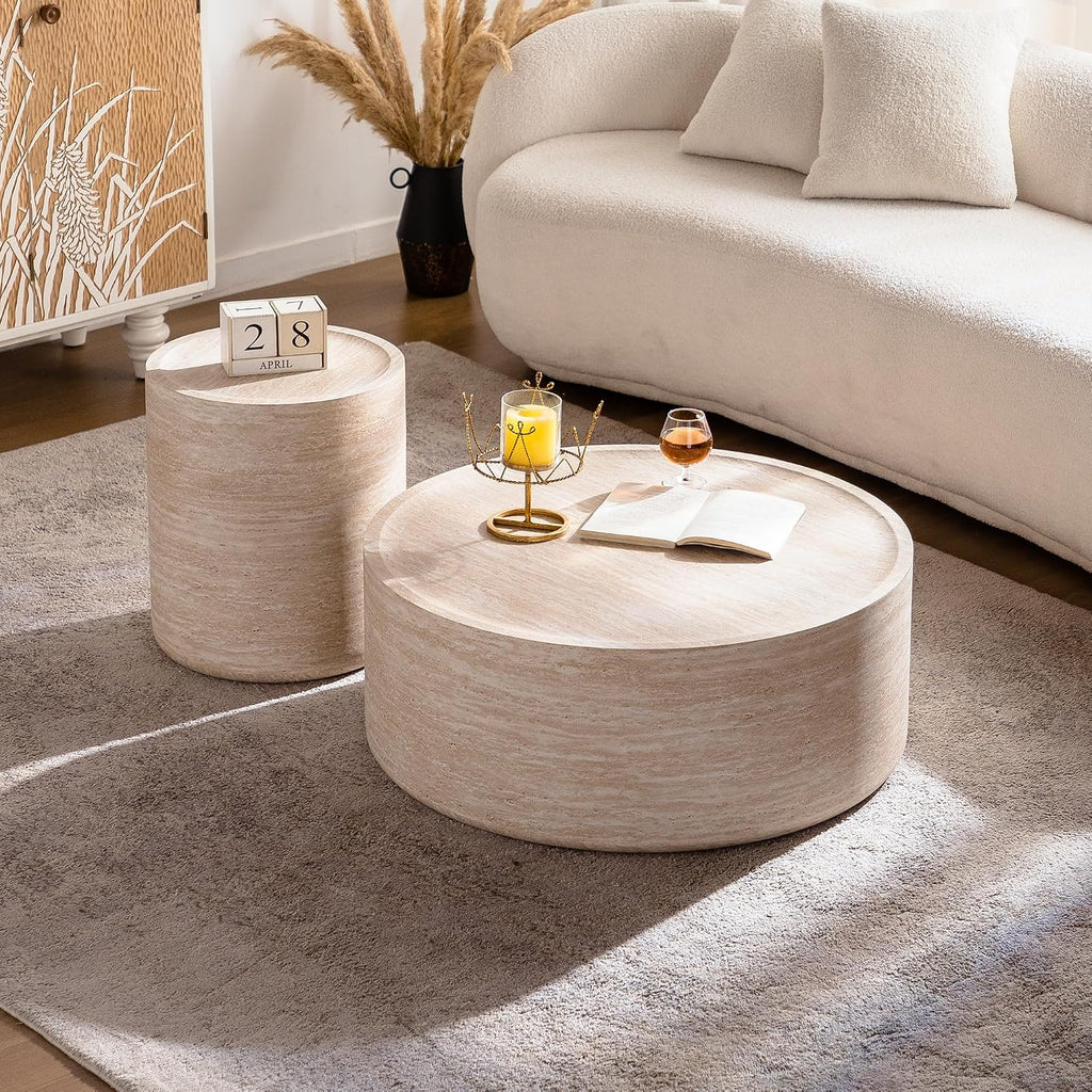 Modern Drum Coffee Table Faux Travertine Finish Wood Coffee Tables Round Center Table for Living Room Home Office,31.5'- Fully Assembled