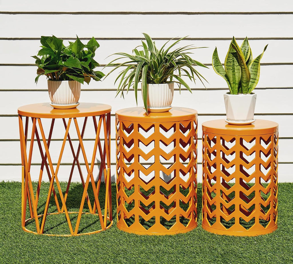 HFHOME Round Nesting Coffee Tables, Set of 3 End Tables for Living Room Balcony Office, Heavy Duty Metal Stacking Nightstand for Home Indoor - Orange