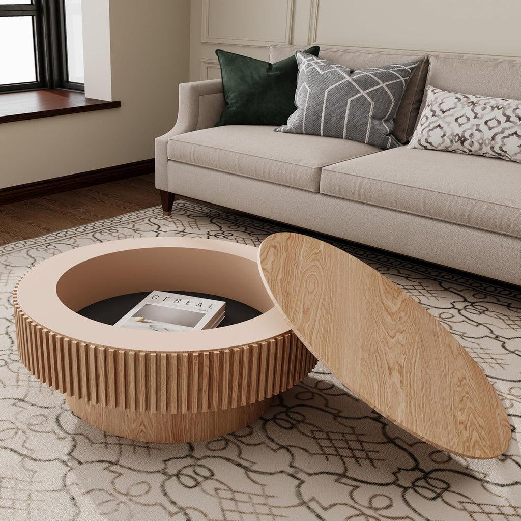 31.5 Inch Round Coffee Table with Storage for Living Room, Modern Wooden Circle Center Table with Solid Wood Veneer, Oak