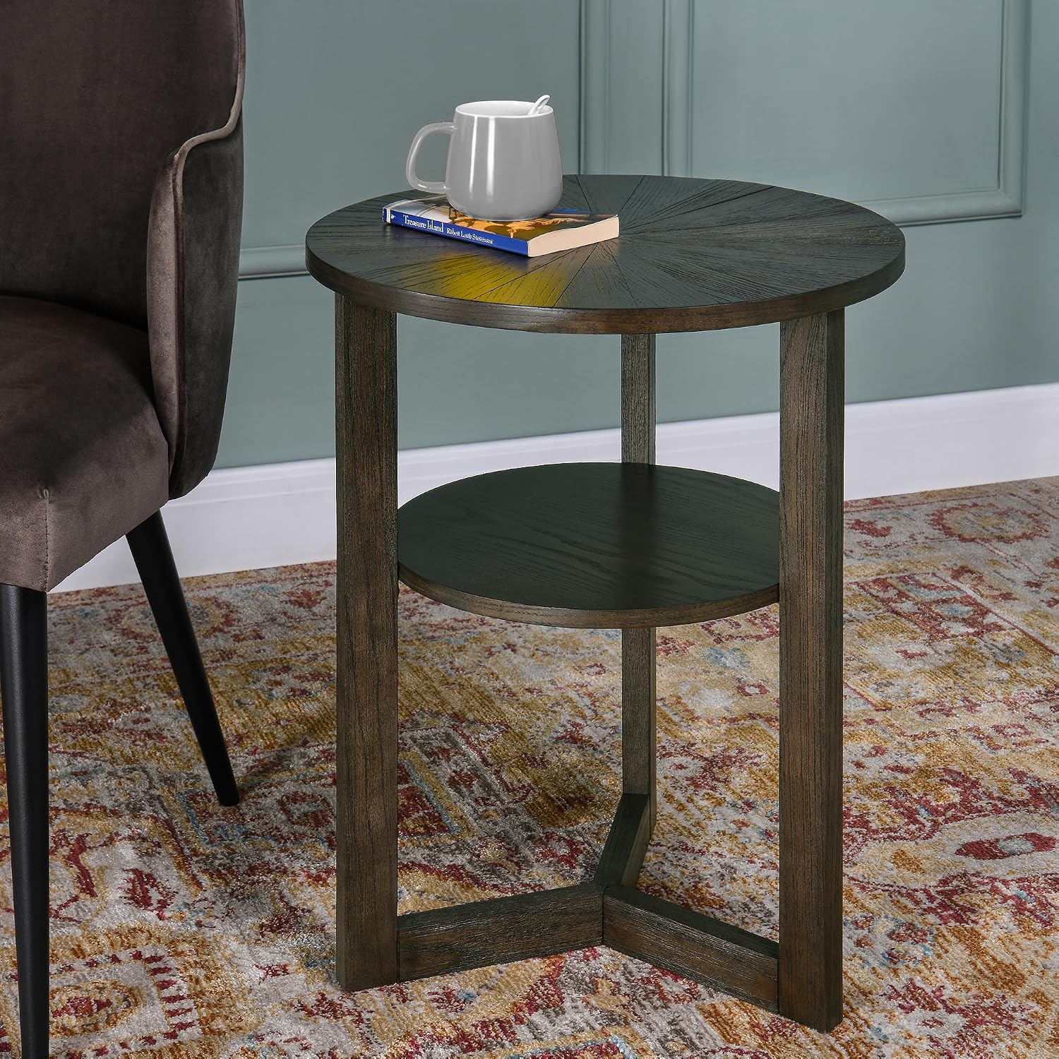 PADMA HOUSE 19.3' Round Wood End Table, 2-Tier Solid Wood Rounded Accent Side Table Circle Nightstand Table with Storage Shelf Vintage Furniture for Home Living Room Bedroom,Black Brown 3338BK