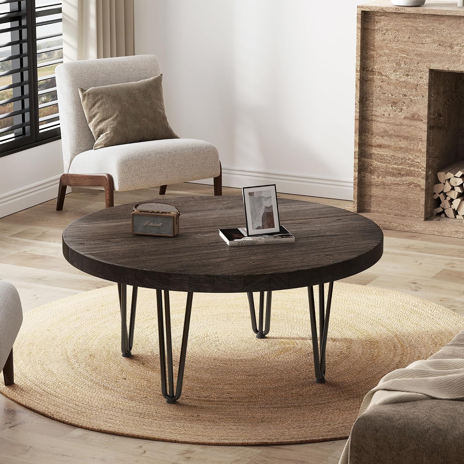 FLYJOE Rustic Wood Round Coffee Table with Metal Legs, Solid Elm Wood Top and Non-Slip Feet Pads - Farmhouse Style for Living Room, Walnut