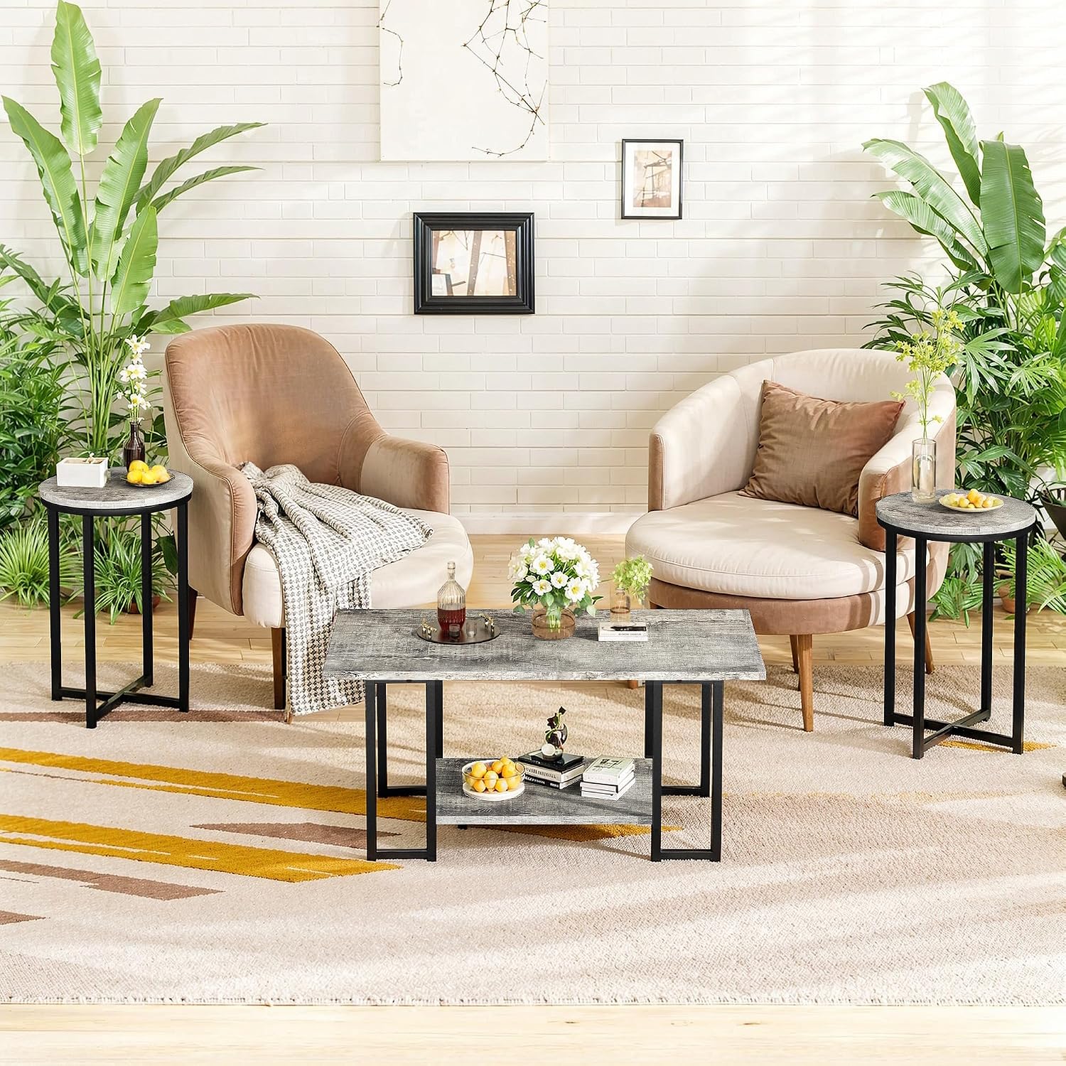 AWQM 3 Pieces Living Room Table Set, Faux Marble Coffee Table with 2 Round End Side Tables, Coffee Table Set with Metal Frame for Apartment Home Office, Grey&Black