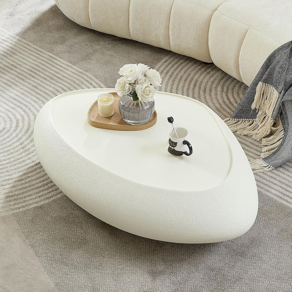 Faux Rock Coffee Table with Lightly Rought Rock Design,Irregular Drum Coffee Table Fiberglass Accent Stone-Like Central Table for Living Room,No Assembly