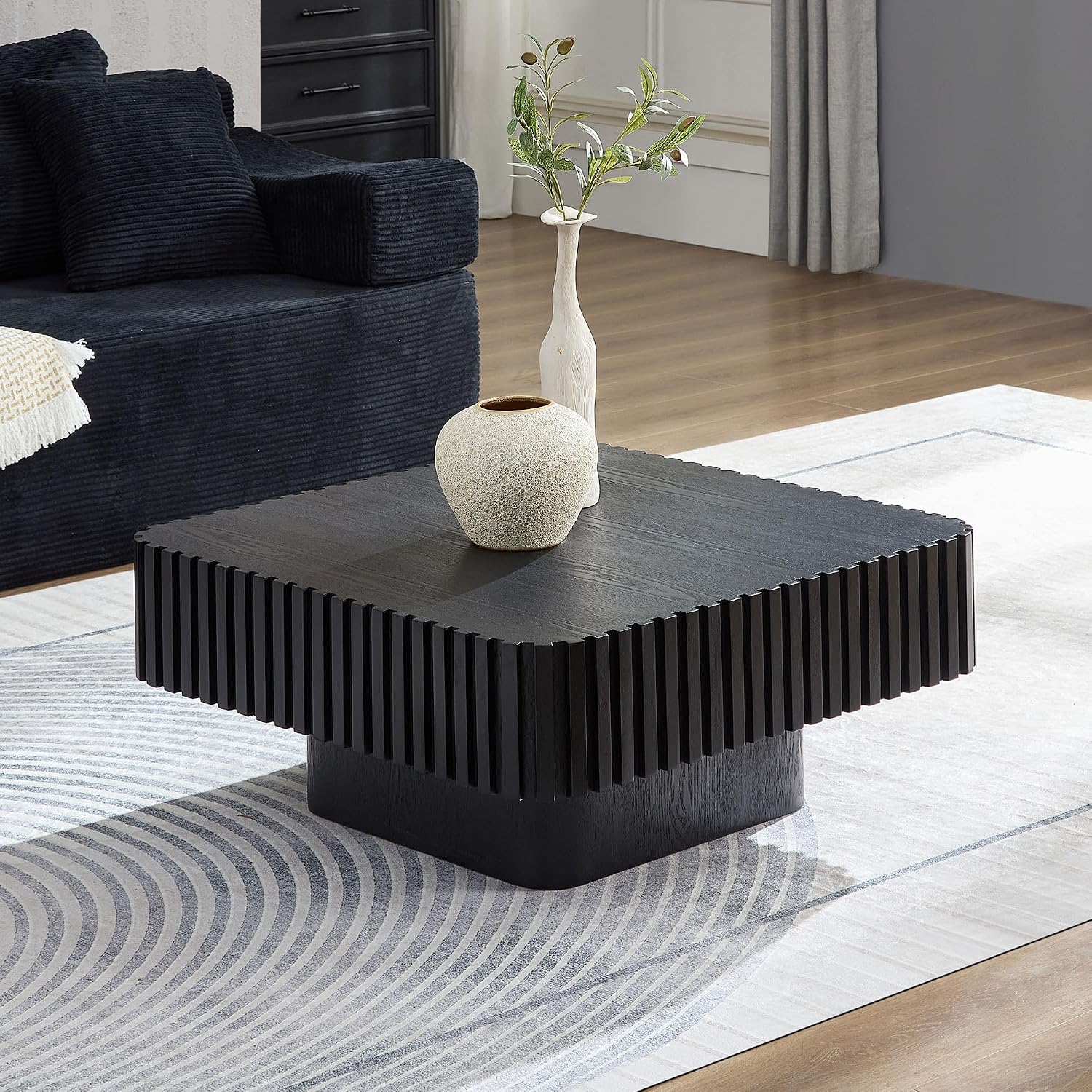 WILLIAMSPACE 31.5' Square Coffee Table with Sturdy Base, Modern Luxury Wood Drum Center Table Accent End Side Table for Living Room, Minimalist Fluted Design, Black