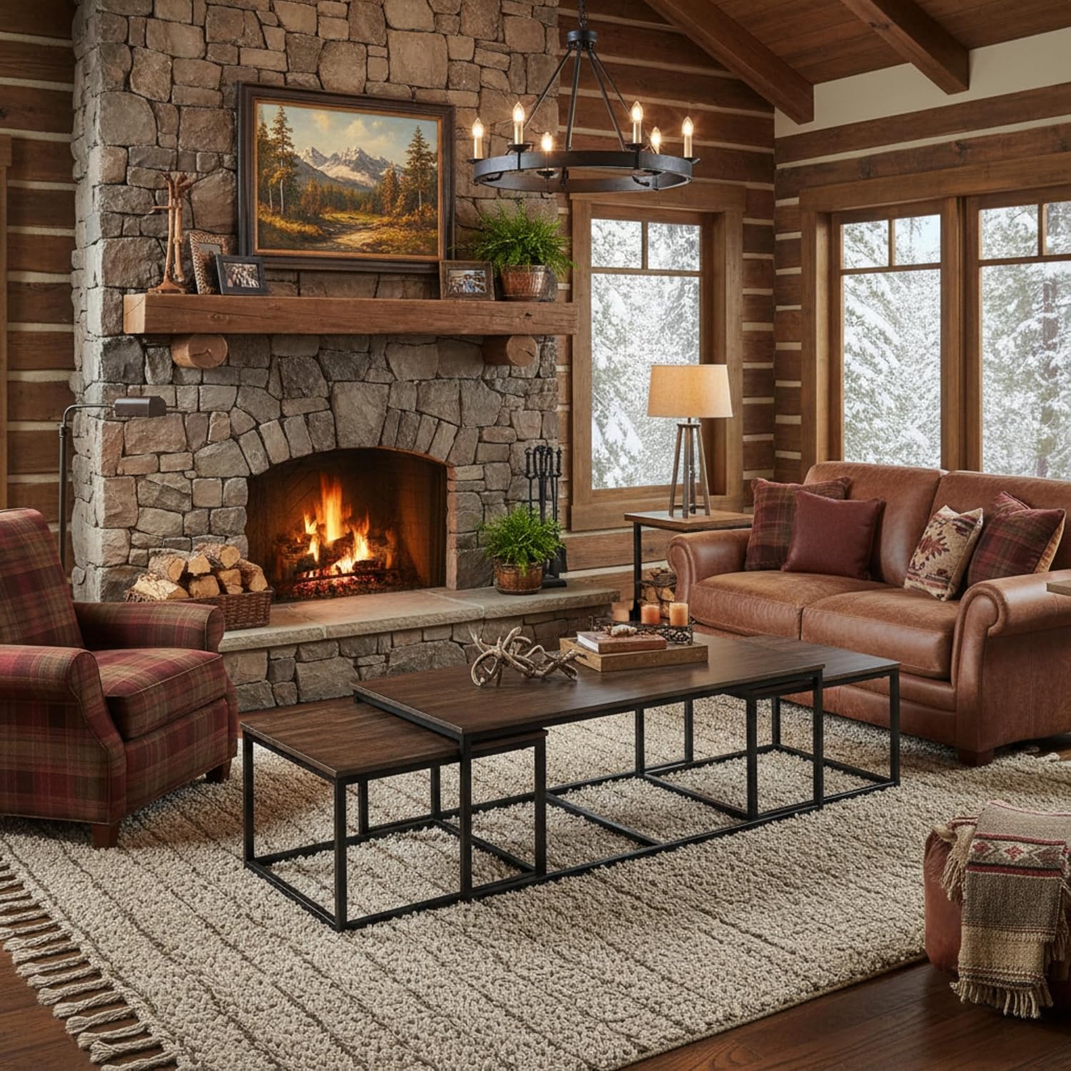 Arcadia 3-Piece Nesting Coffee Table Set – 54' Large Table with Two 26' Small Tables – Industrial Farmhouse Style with Solid Acacia Wood & Metal Sled Legs by Alaterre Furniture (Antiqued Mocha)