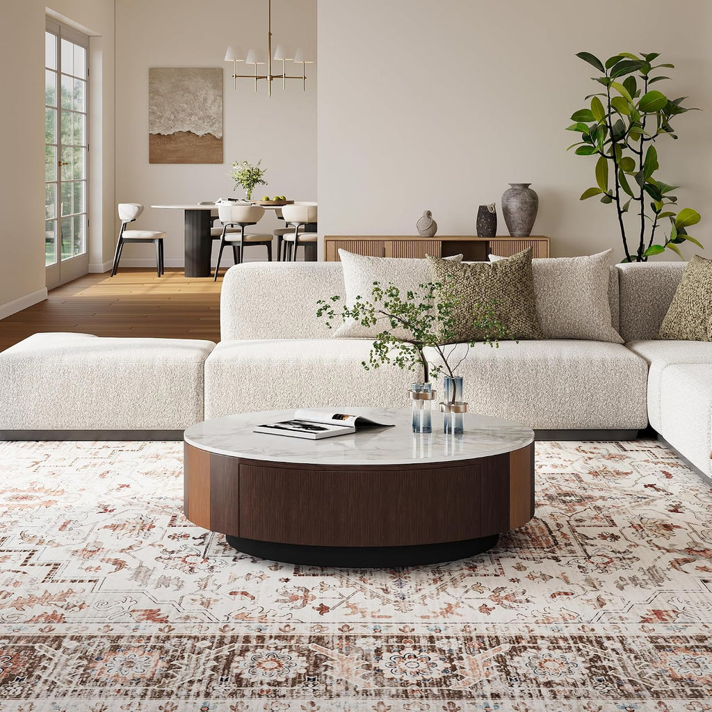35.43' Modern Coffee Table for Living Room, Round Coffee Table with Storage Drawer, Sintered Stone Top with Metal Base, NO Assembly Living Room Table Tea Table for Home Office