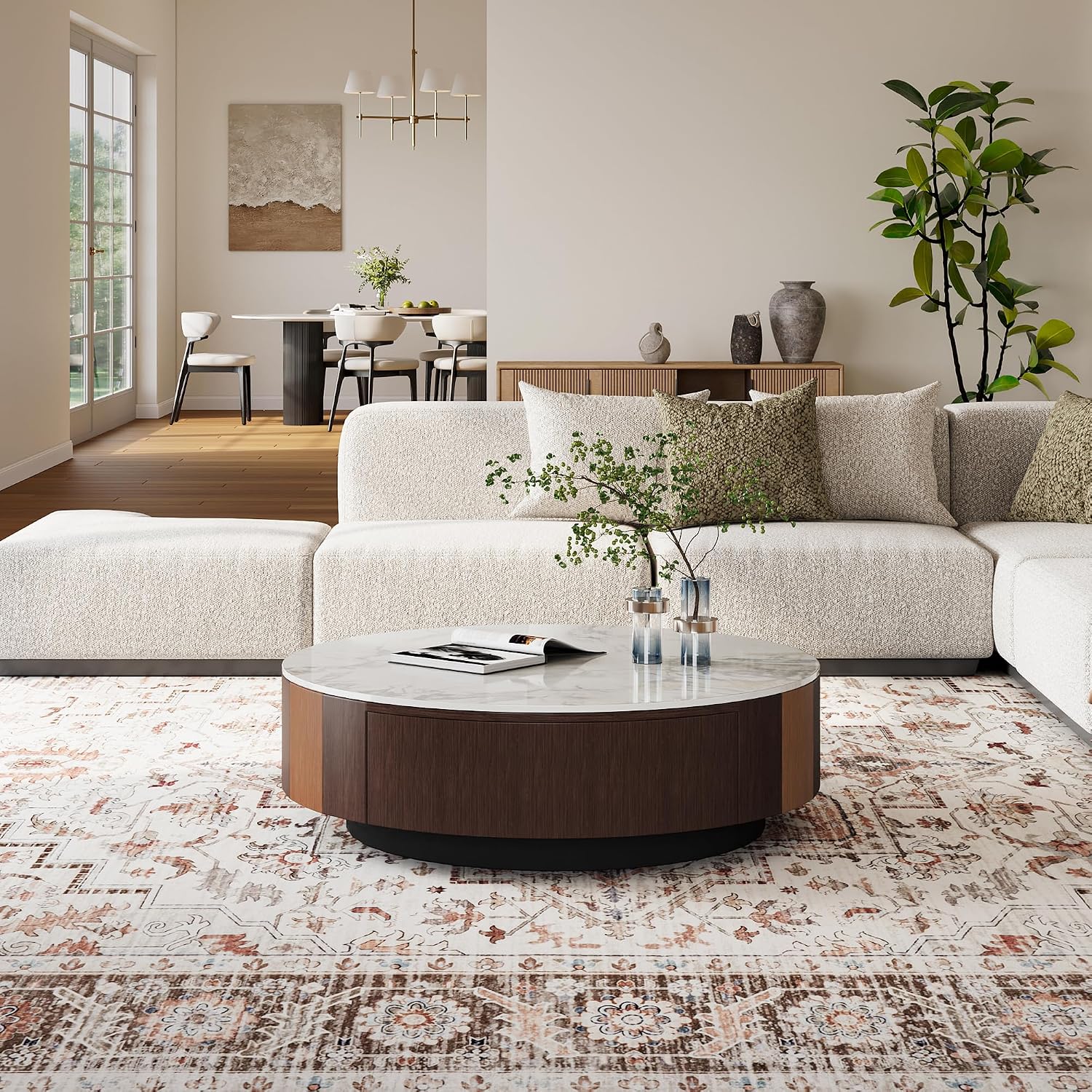 35.43' Modern Coffee Table for Living Room, Round Coffee Table with Storage Drawer, Sintered Stone Top with Metal Base, NO Assembly Living Room Table Tea Table for Home Office