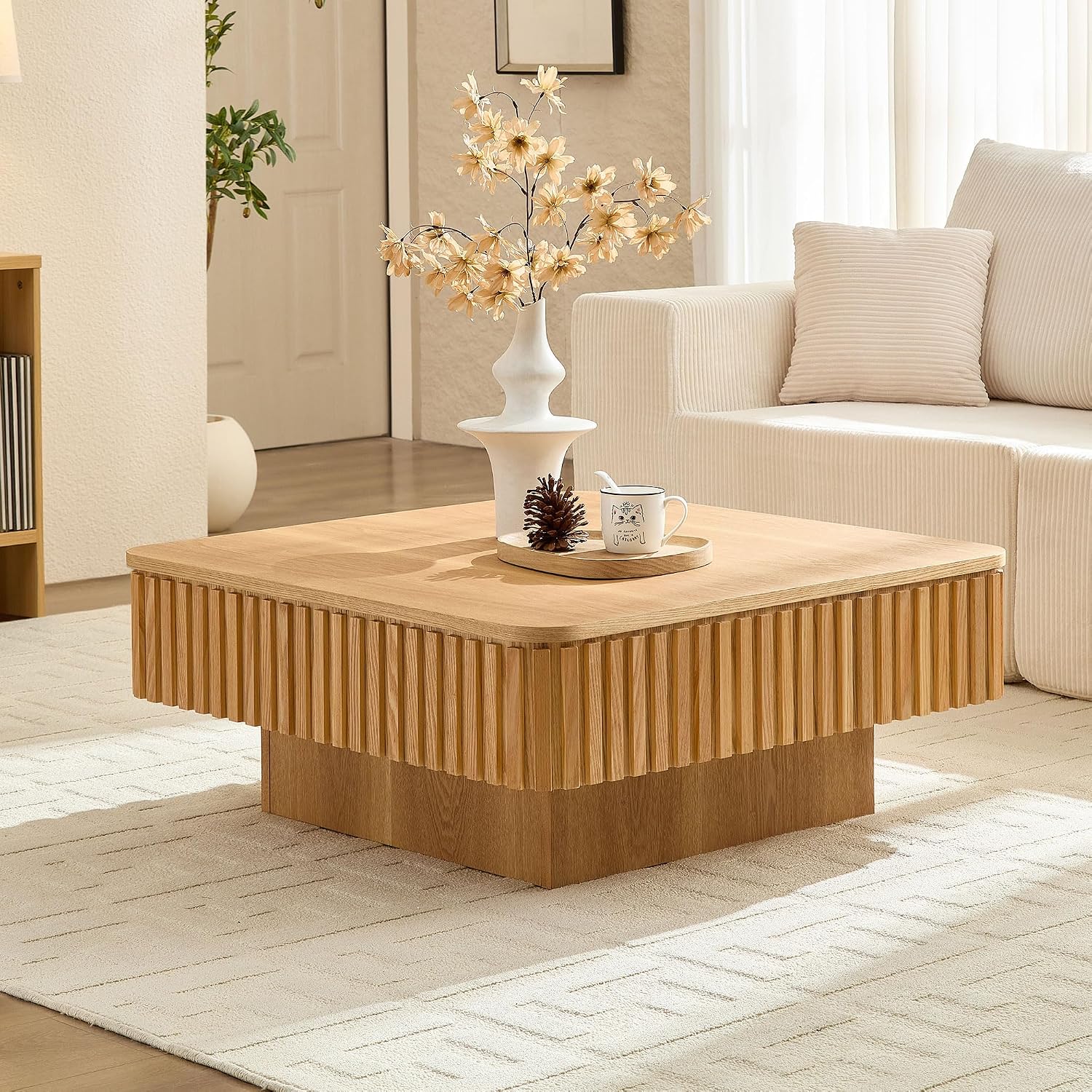 WILLIAMSPACE 35.43' Lift Top Coffee Table with Hidden Storage & Sturdy Base, Modern Luxury Square Wood Handcraft Drum Center Table Accent End Tea Table for Living Room, Minimalist Fluted Design, Oak