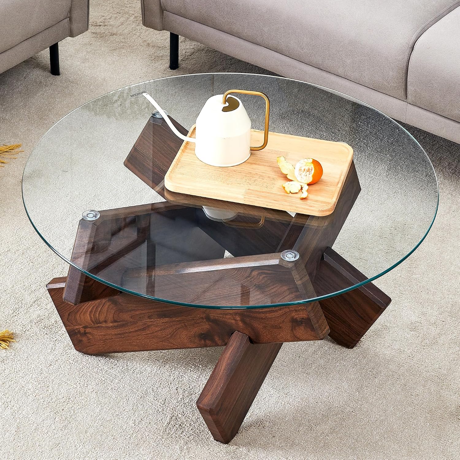 33.4'' Tempered Glass Round Coffee Table for Living Room, Modern Circle Coffee Table, Glass Tabletop & Wood Base, Easy Assembly, Walnut