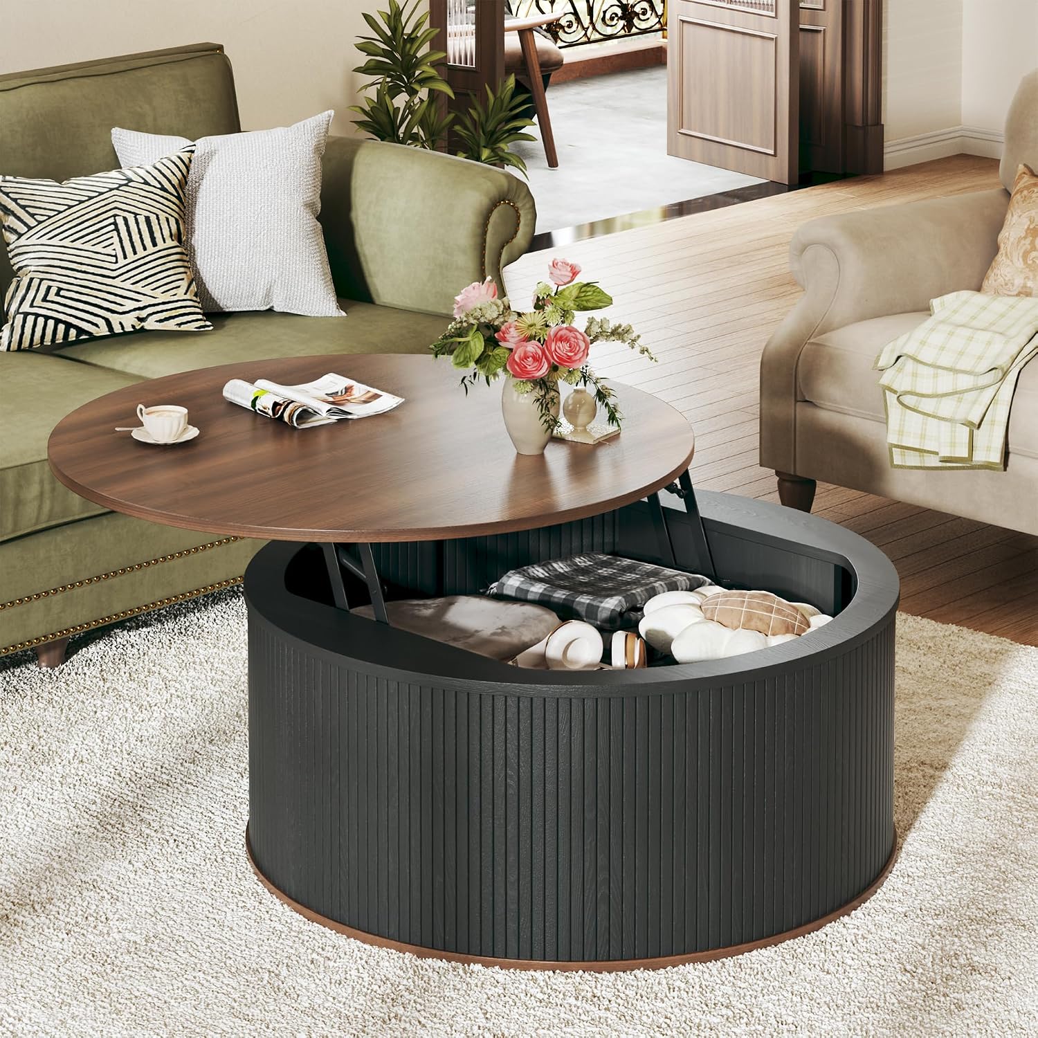 HUAHUU Round Coffee Table with Storage, 31.5' Lift Top Coffee Table, Mid Century Modern Coffee Tables for Living Room, Apartment Office, Fluted Table with Rustic Wood Desktop