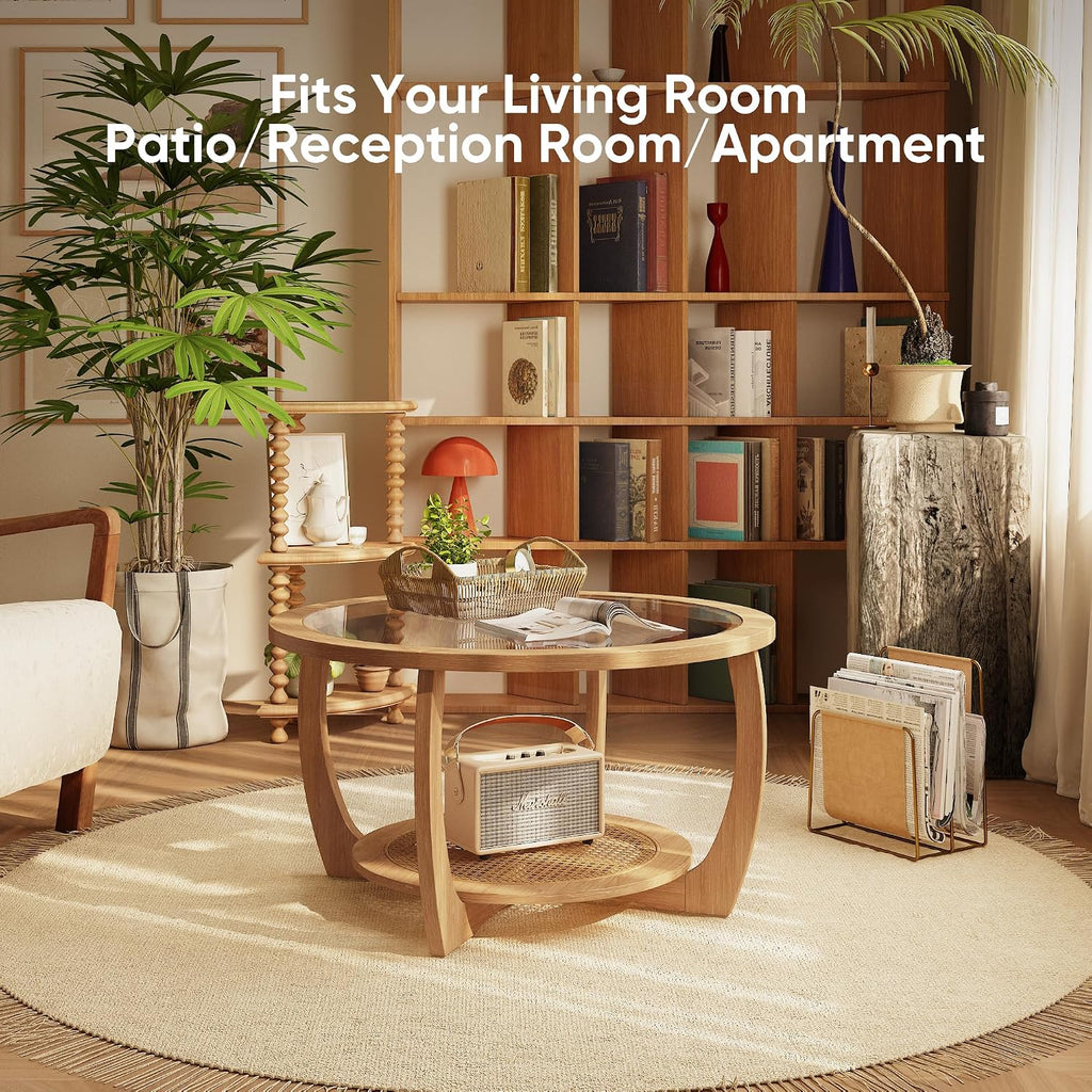 Round Wood Coffee Table with Glass Top, Solid Wooden Circle Center Table with Curved Legs and Handmade Rattan Storage Shelf, Farmhouse Cocktail Table for Living Room, Light Brown 32.28' x 18'