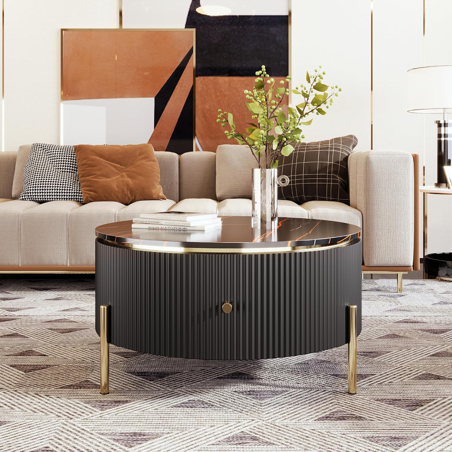 Modern Round Coffee Table with 2 Large Drawers Storage Accent Table for Living Room, Black(31.5'')