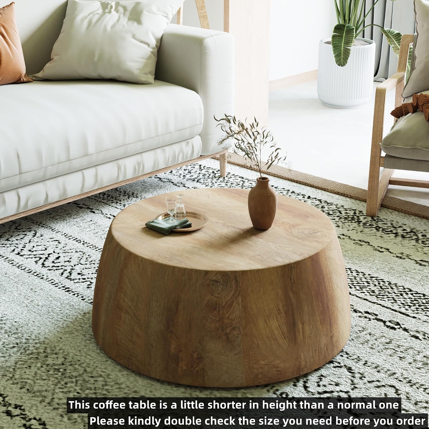 Rustic Drum Coffee Table for Living Room Round Center Table Modern Drum-Shape Wooden Cocktail Table for Home Office - Fully Assembled