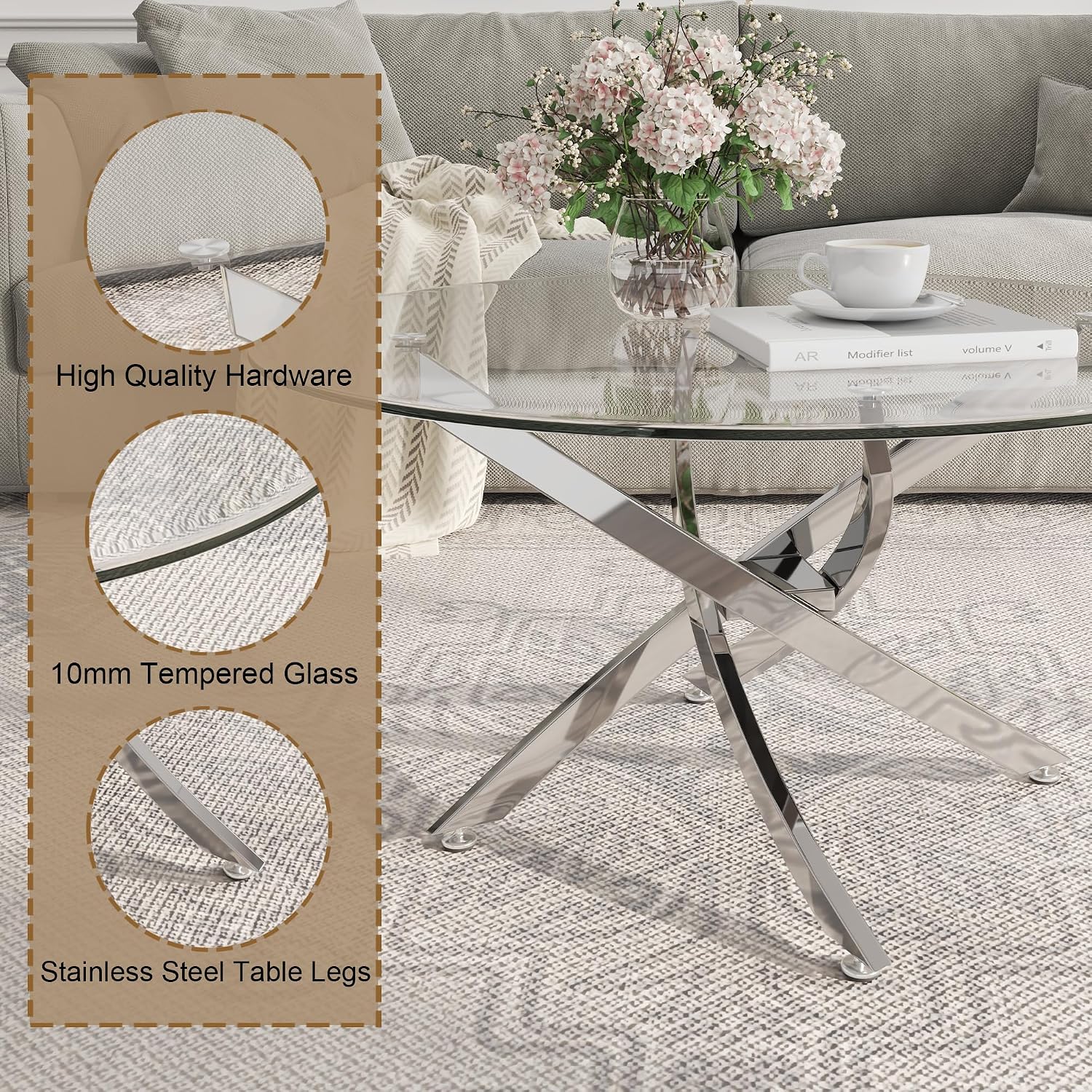 Round Glass Coffee Table Set of 3 Modern Living Room Table Set 1 Coffee & 2 End Table Set with Stainless Steel Legs, Clear Center Cocktail Tables (Silver, Set of 3 Round)