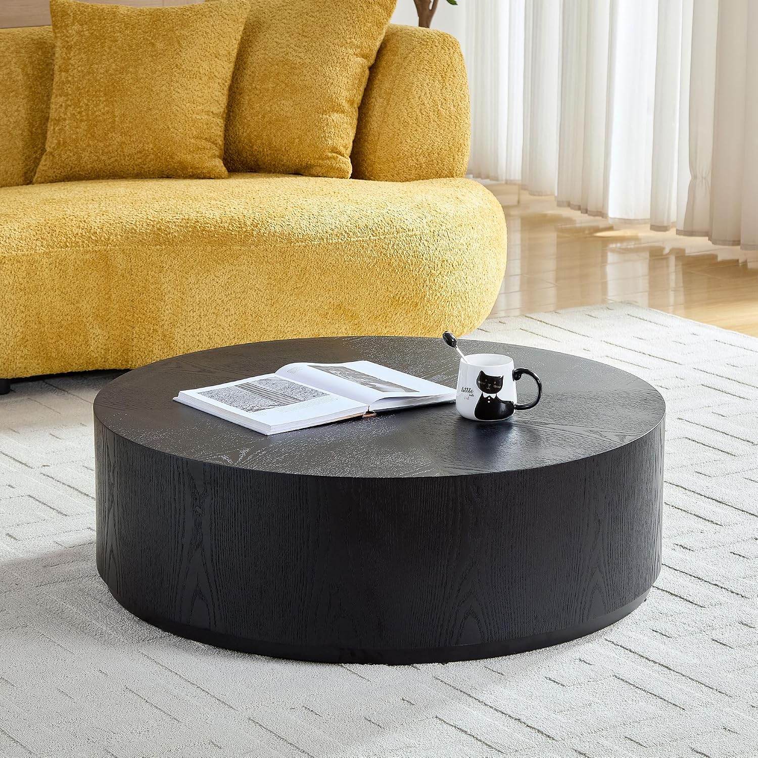 ø35.43'' Black Round Coffee Table, Modern Circle Wood Drum Coffee Table for Living Room, No Assembly, Black