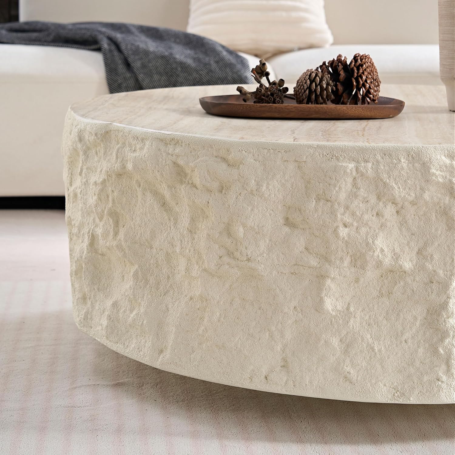 Faux Rock Coffee Table with Round White Design,Drum Coffee Table Fiberglass Circle Tea Table for Living Room Accent Central Table No Need Assembly