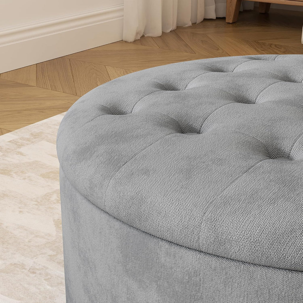 30 Inch Round Storage Ottoman,Modern Tufted Ottomans,Circular Coffee Table with Removable Top,Upholstered Large Ottoman with Storage Footrest Stool for Bedroom Living Room (LIGHTGREY)