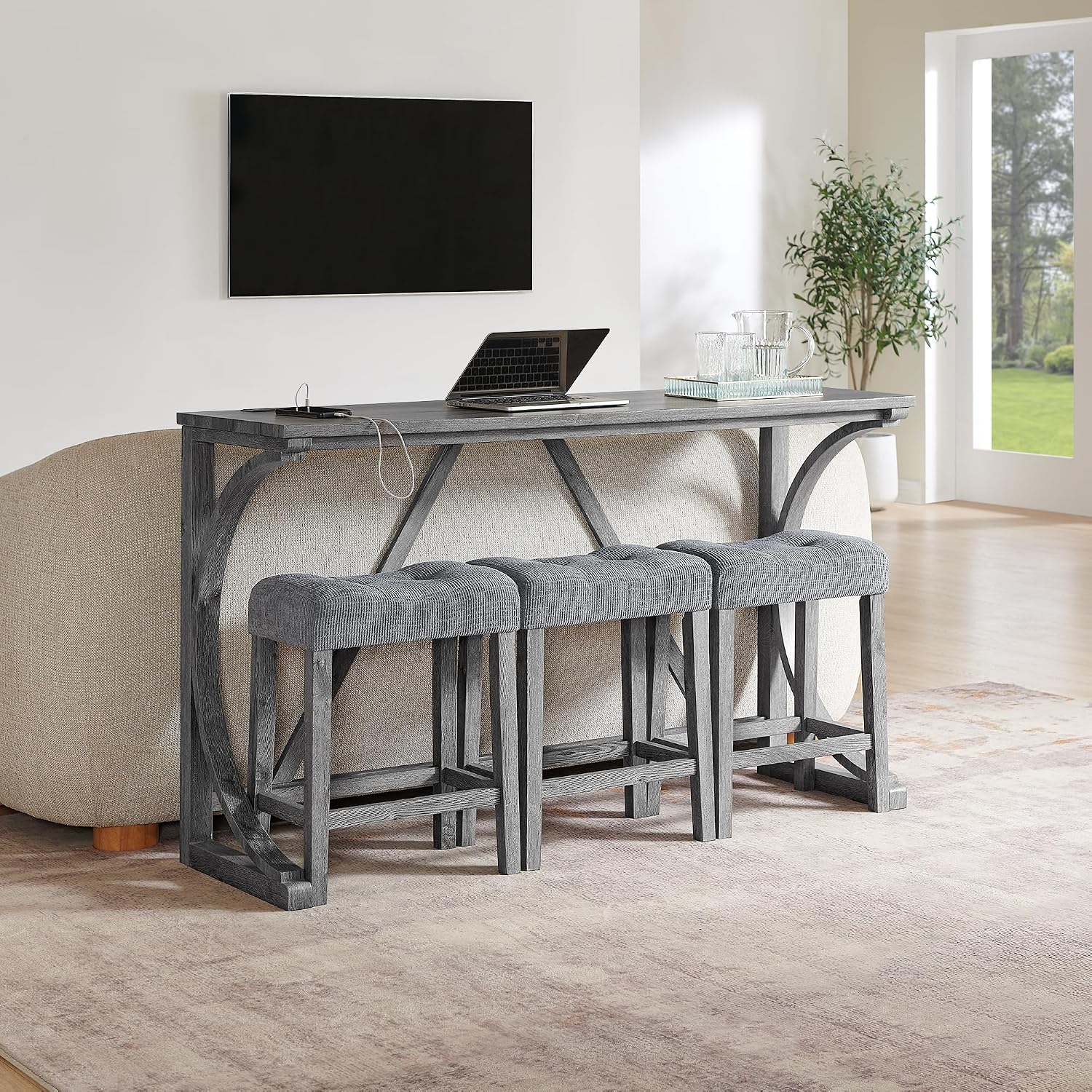 Merax 59 Inch Industrial Bar Table Set with Power Outlet, 3 Linen Upholstered Stools, Counter Height Table Set with 24 Inch Seat Height Stools for Kitchen, Living Room,Grey+Gray