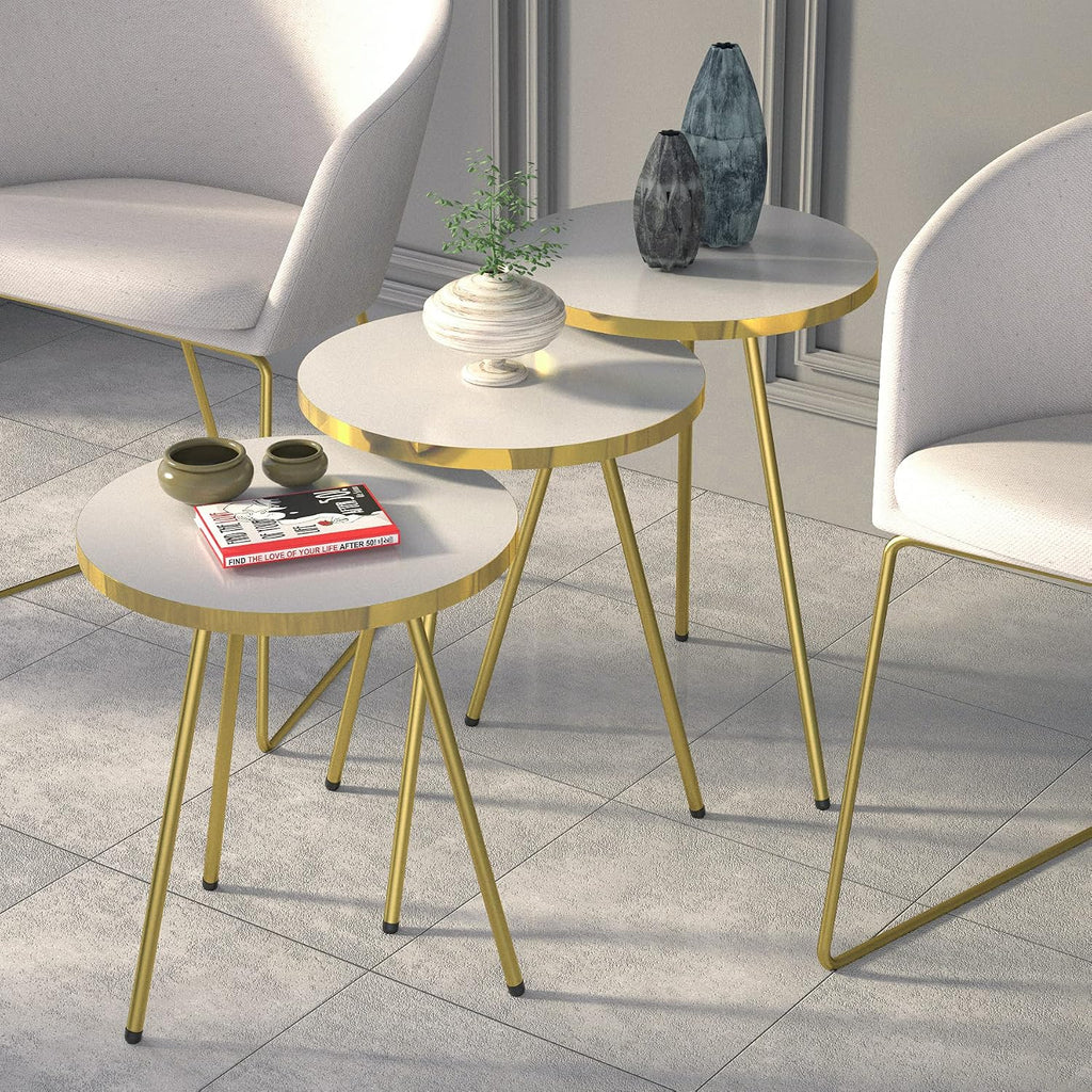 Set of 3 Nesting END Tables - Round Stacking Coffee Side Tables for Small Spaces, Nightstand Bedside Table for Living Room, Bedroom, Living Room, Balcony, NO-Tools Assembly (White/Gold)