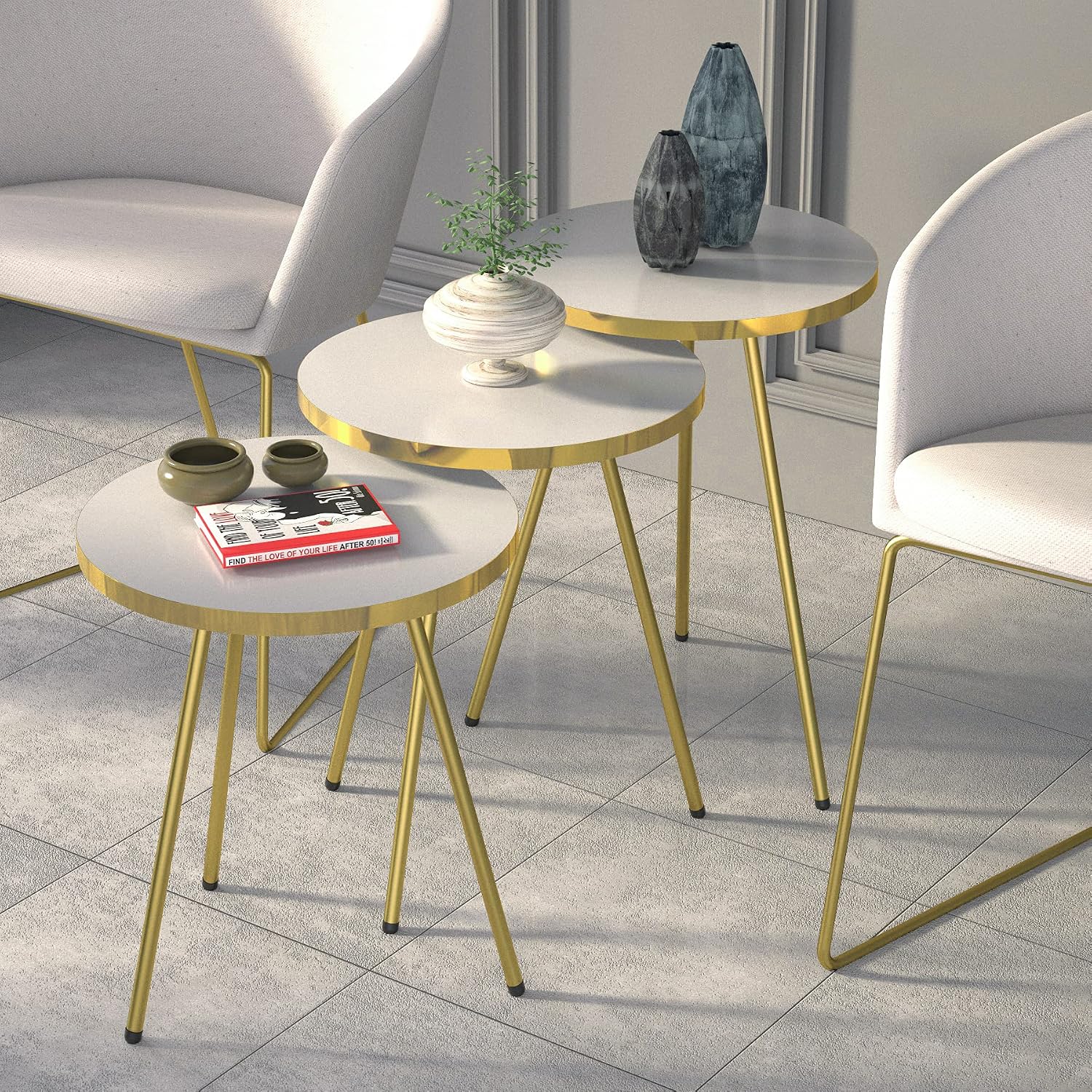 Set of 3 Nesting END Tables - Round Stacking Coffee Side Tables for Small Spaces, Nightstand Bedside Table for Living Room, Bedroom, Living Room, Balcony, NO-Tools Assembly (White/Gold)