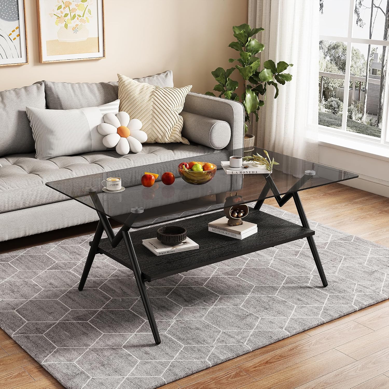 Grey Glass Coffee Table Sets of 3 Modern Living Room Table Set End Tables with Black Metal Legs and Wood Bottom Shelf, Center Cocktail Furniture (Grey Black)