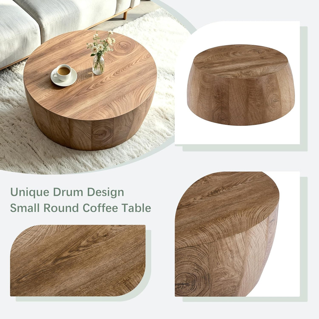 Round Coffee Tables for Living Room Small Modern Drum Coffee Table Rustic Farmhouse Wood Circle Center Table - Fully Assembled 29.5'