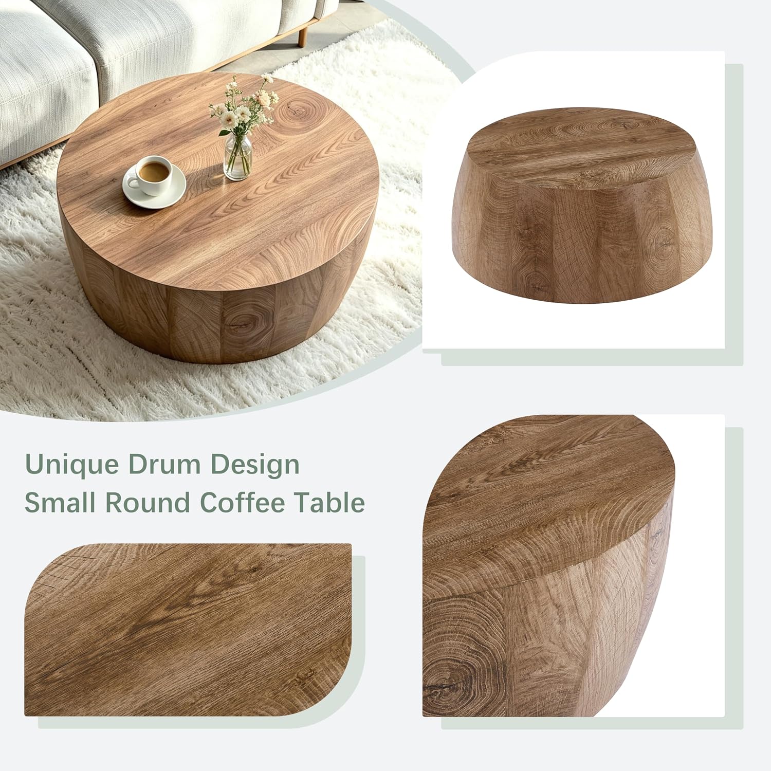 Round Coffee Tables for Living Room Small Modern Drum Coffee Table Rustic Farmhouse Wood Circle Center Table - Fully Assembled 29.5'