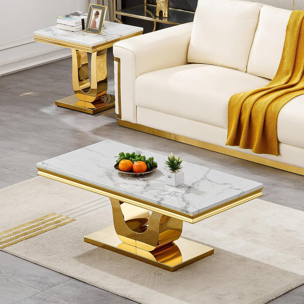 3 Pieces Living Room Table Set, Faux Marble Coffee Table Set of 3, Modern Coffee Table, Console Table and End Table with U-Shaped Stainless Steel Base for Living Room (White Gold)