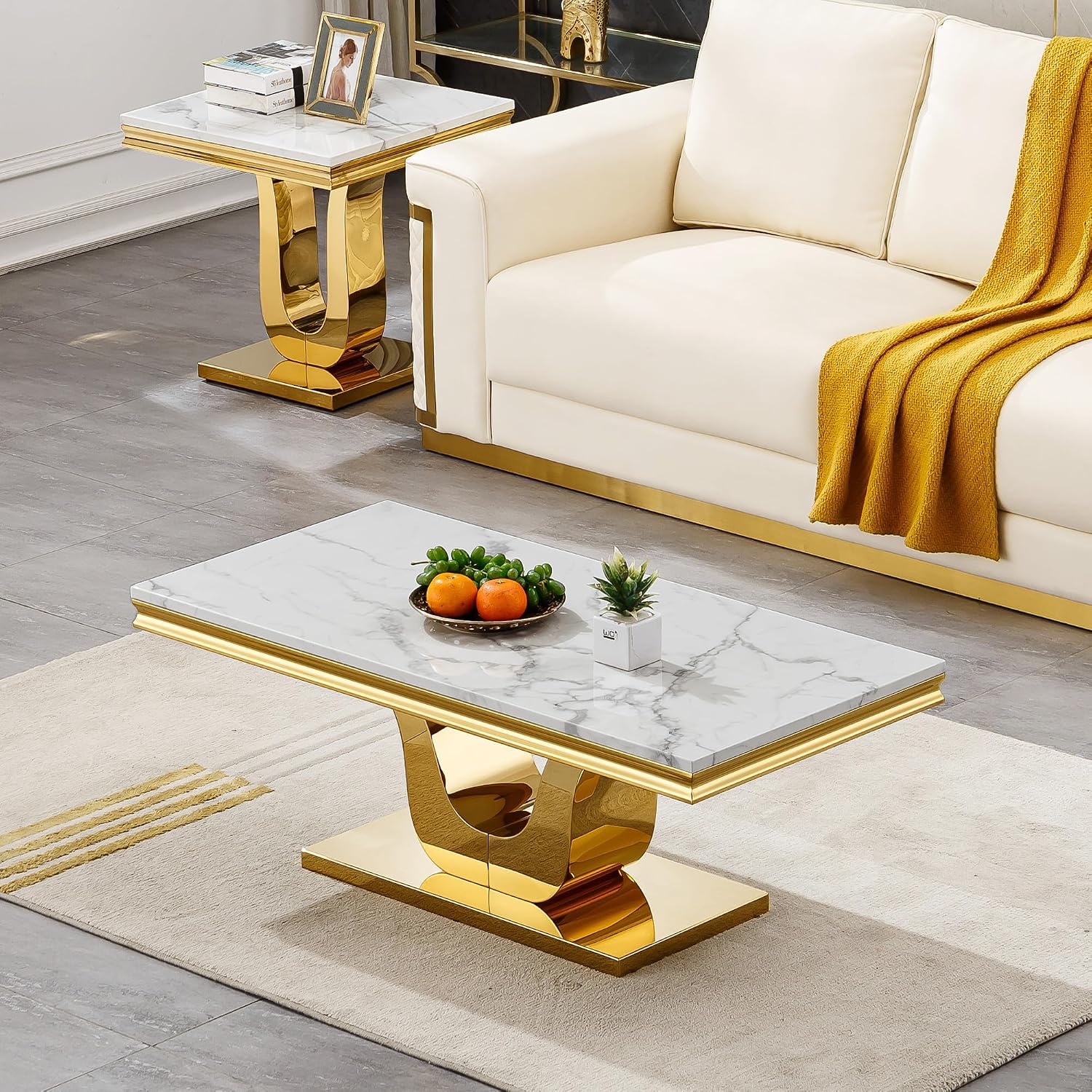 3 Pieces Living Room Table Set, Faux Marble Coffee Table Set of 3, Modern Coffee Table, Console Table and End Table with U-Shaped Stainless Steel Base for Living Room (White Gold)