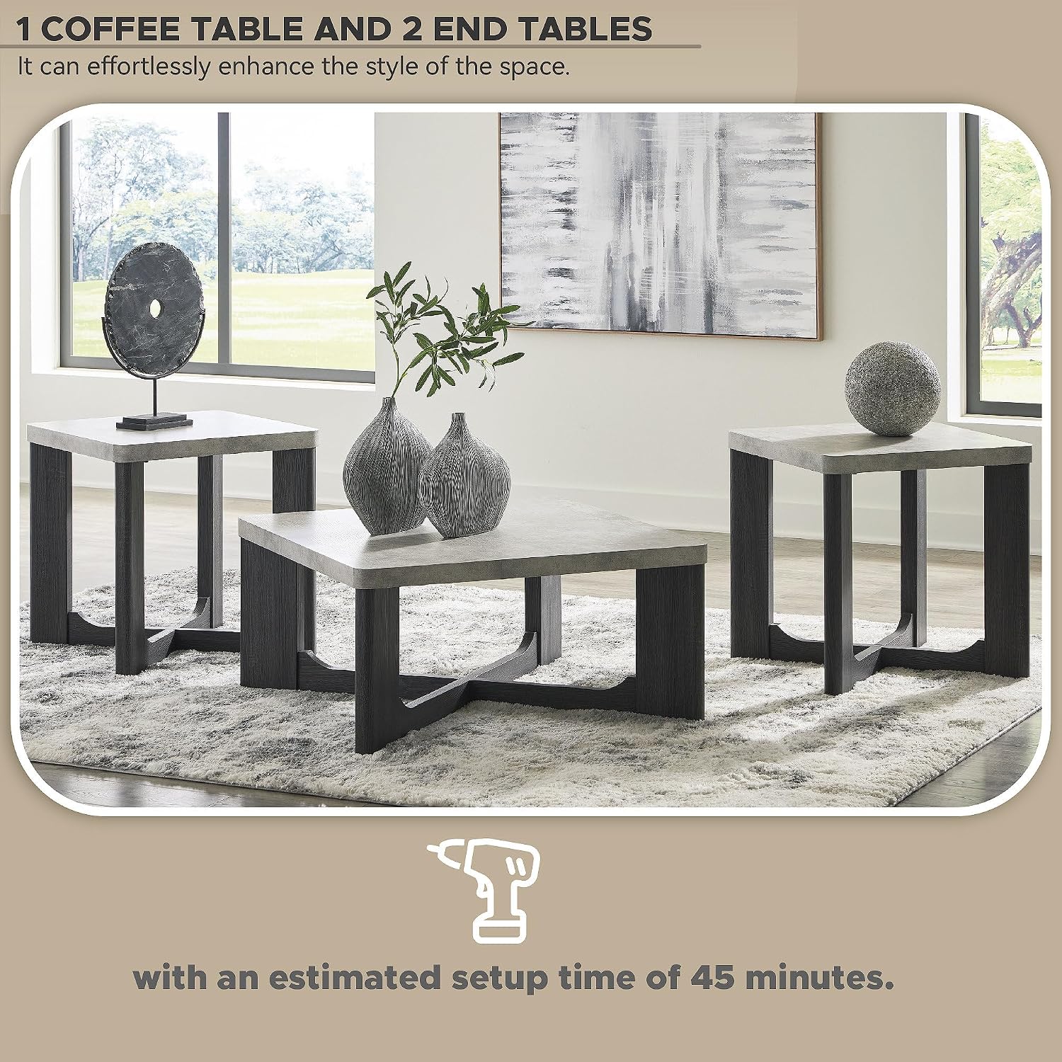 Signature Design by Ashley Sharstorm Modern Table Set with Faux Cement Melamine Tabletop, Set of 3, Light Gray & Gray