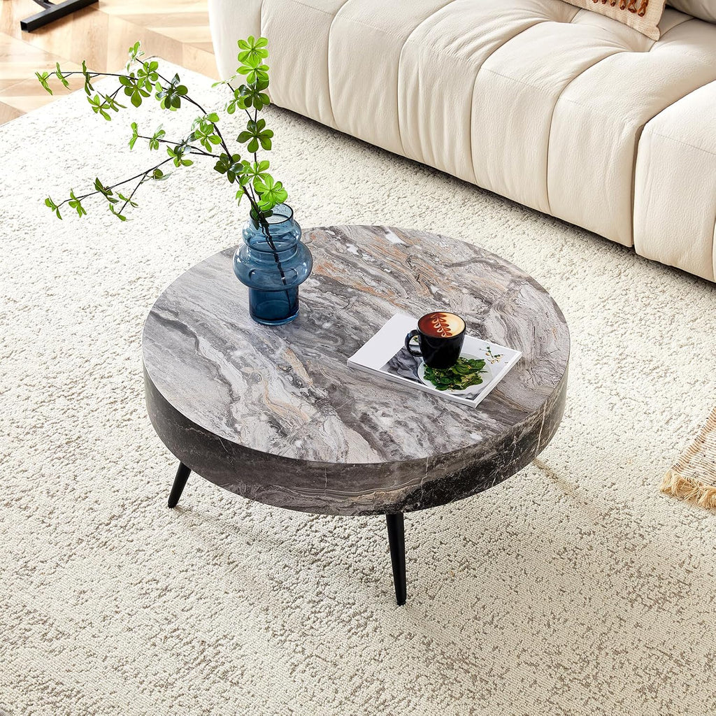 31.5' Modern Round Coffee Table,Small Coffee Tables Center Table with Metal Legs Marble-Patterned Tabletop for Living Room Office Apartment,Easy to Assemble, Grey Marble