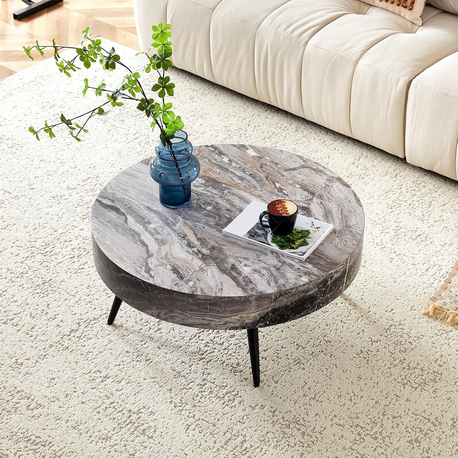31.5' Modern Round Coffee Table,Small Coffee Tables Center Table with Metal Legs Marble-Patterned Tabletop for Living Room Office Apartment,Easy to Assemble, Grey Marble