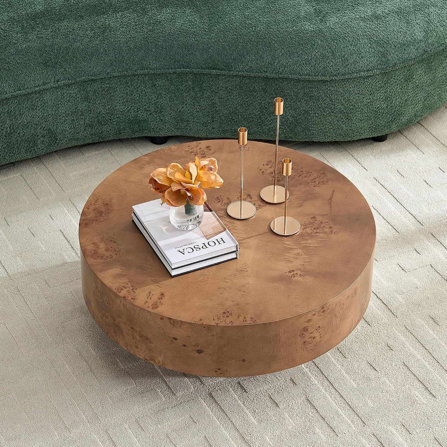 Round Coffee Table, 31.49' Burl Wood Pattern Center Table with Sturdy Pedestal for Living Room Apartment Office, Walnut